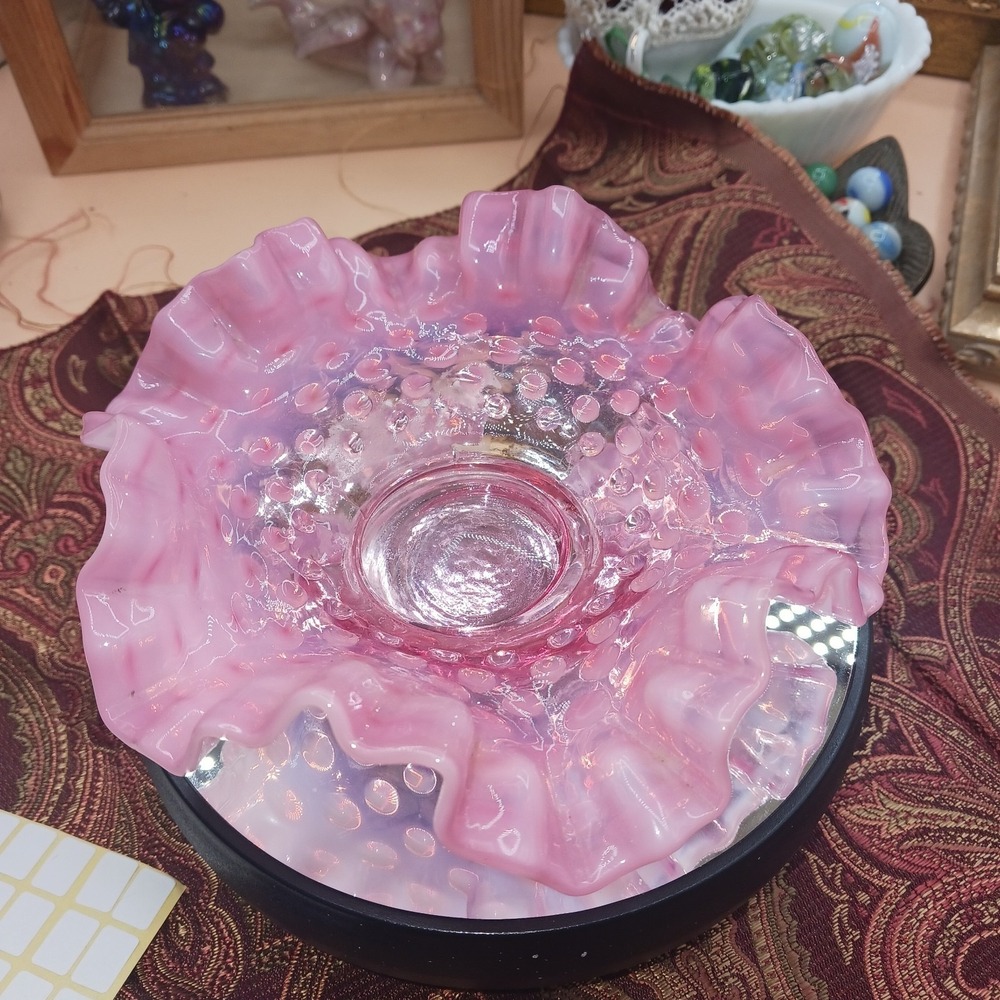 Vintage Fenton Pink Cranberry Opalescent Hobnail Ruffle Votive Bon Bon Dish 6"